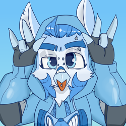 Size: 5000x5000 | Tagged: safe, artist:xasslash, oc, oc only, oc:flynn the icecold, griffon, clothes, gloves, hood, hoodie, male, patch, piercing, respirator, simple background, solo, tongue out, tongue piercing