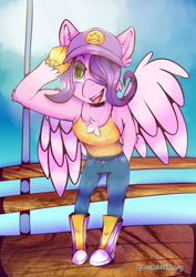 Size: 1280x1805 | Tagged: safe, artist:cozmicgalazy, pipp petals, pegasus, anthro, g5, arm hooves, beach, chest fluff, clothes, converse, fanart, female, hair over one eye, hat, pants, pier, shoes, sneakers, spread wings, summer, summer time, tank top, wings
