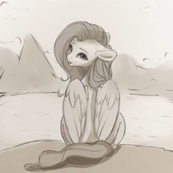 Size: 4000x4000 | Tagged: safe, artist:miokomata, fluttershy, pegasus, pony, g4, :p, cute, ear fluff, female, floppy ears, freckles, freckleshy, looking at you, looking back, looking back at you, mare, monochrome, shyabetes, sitting, tongue out