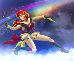 Size: 2266x1879 | Tagged: safe, alternate version, artist:mauroz, part of a set, sunset shimmer, human, equestria girls, g4, anime, boots, clothes, cloud, eyebrows, eyebrows visible through hair, female, high heel boots, high res, sailor uniform, shoes, signature, smiling, solo, stars, uniform