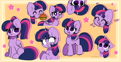 Size: 6274x3223 | Tagged: safe, artist:kittyrosie, twilight sparkle, alicorn, pony, unicorn, ^^, blushing, burger, cute, diabetes, eyes closed, female, food, hay burger, heart, herbivore, kittyrosie is trying to murder us, mare, messy mane, multeity, open mouth, open smile, pigtails, sad, shrunken pupils, smiling, sparkle sparkle sparkle, starry eyes, that pony sure does love burgers, twiabetes, twilight burgkle, twilight snapple, twilight sparkle (alicorn), unicorn twilight, upside down, wingding eyes