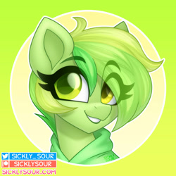 Size: 894x894 | Tagged: safe, artist:sickly-sour, oc, oc only, pony, bust, clothes, eye clipping through hair, eyebrows, eyebrows visible through hair, hoodie, looking at you, smiling, smiling at you, solo