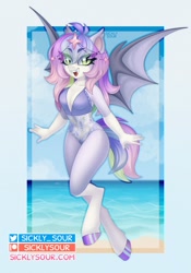 Size: 970x1388 | Tagged: safe, artist:sickly-sour, oc, oc only, bat pony, anthro, unguligrade anthro, bat pony oc, beach, breasts, clothes, eye clipping through hair, eyebrows, eyebrows visible through hair, smiling, solo, spread wings, swimsuit, wings