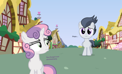 Size: 1636x992 | Tagged: safe, artist:lunaticdawn, rumble, sweetie belle, pegasus, pony, unicorn, g4, caption, colt, female, filly, foal, looking back, male, ponyville, pouting, pouty lips, sad, ship:rumbelle, shipping, straight, text