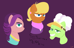 Size: 7016x4603 | Tagged: safe, artist:realgero, ms. harshwhinny, spoiled rich, earth pony, pony, g4, applesauce, bust, looking at you, message, simple background