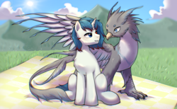 Size: 4034x2480 | Tagged: artist needed, source needed, safe, oc, griffon, pony, unicorn, looking at each other, looking at someone, wings