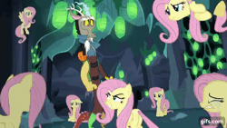 Size: 640x360 | Tagged: safe, screencap, discord, fluttershy, changeling, draconequus, pegasus, pony, g4, season 6, to where and back again, animated, changeling hive, crying, crying flutterlings, disguise, disguised changeling, eyes closed, female, floppy ears, flying, gif, gifs.com, male, mare, multeity, open mouth, so much flutter, spread wings, wings