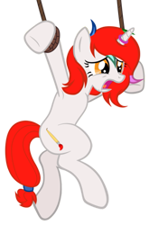 Size: 395x600 | Tagged: safe, artist:equestria secret guard, oc, oc only, oc:shallow light, pony, unicorn, armpits, bondage, crying, female, frown, horn, horn ring, jewelry, magic suppression, mare, open mouth, ring, rope, scared, simple background, solo, tail, tail ring, transparent background, unicorn oc