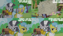Size: 1280x720 | Tagged: safe, edit, edited screencap, editor:quoterific, screencap, angel bunny, doctor fauna, fluttershy, zecora, earth pony, pegasus, pony, rabbit, zebra, g4, season 9, she talks to angel, animal, eyes closed, female, male, mare, open mouth, open smile, smiling, text