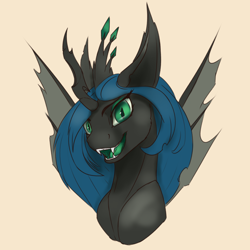 Size: 2000x2000 | Tagged: safe, artist:tenebrisnoctus, queen chrysalis, changeling, changeling queen, g4, atg 2022, bust, fangs, female, high res, looking at you, newbie artist training grounds, open mouth, open smile, simple background, sinister smile, smiling, solo, spread wings, wings, yellow background