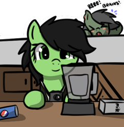 Size: 400x412 | Tagged: safe, artist:neuro, oc, oc only, oc:filly anon, earth pony, pony, undead, zombie, zombie pony, ><, blender (object), camera, cute, dead rising, dialogue, duo, earth pony oc, eyes closed, female, filly, foal, looking at you, milk, pepsi, pilk, reeee, simple background, smiling, smiling at you, soda, soda can, solo focus, talking, transparent background