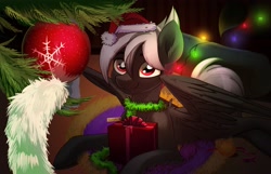 Size: 3328x2145 | Tagged: safe, artist:taneysha, oc, oc only, pegasus, pony, christmas, christmas lights, christmas tree, hat, high res, holiday, looking at you, ornament, present, santa hat, snow, snowflake, solo, string lights, tree