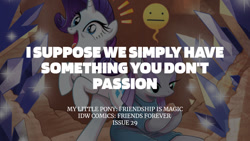 Size: 1280x720 | Tagged: safe, edit, editor:quoterific, idw, maud pie, rarity, earth pony, pony, unicorn, g4, my little pony: friends forever, spoiler:comic, :i, duo, female, mare, open mouth, open smile, smiling, text