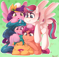 Size: 1954x1898 | Tagged: safe, artist:nanazdina, hitch trailblazer, izzy moonbow, pipp petals, sunny starscout, zipp storm, earth pony, pegasus, pony, unicorn, g5, >.<, ><, eyebrows, eyebrows visible through hair, eyes closed, female, floppy ears, harem, harem horror, hitch trailblazer gets all the mares, ibispaint x, lying down, male, mane five, mare, one of these things is not like the others, open mouth, pony pile, stallion