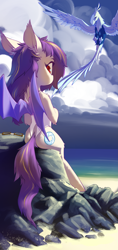 Size: 1595x3371 | Tagged: safe, artist:blue ink, oc, oc only, oc:sunset cloudy, bat pony, ice phoenix, phoenix, pony, beach, clothes, colored wings, ears back, facing away, female, glasses off, looking at you, looking back, looking back at you, mare, ocean, one-piece swimsuit, partially open wings, phone wallpaper, red eyes, rock, sitting, solo, swimsuit, tail, two toned mane, two toned tail, water, wings