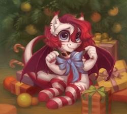 Size: 2700x2446 | Tagged: safe, artist:jewellier, oc, oc only, bat pony, pony, bow, candy, candy cane, christmas, christmas tree, claws, clothes, collar, fangs, food, high res, holiday, looking at you, paws, present, ribbon, smiling, smiling at you, socks, solo, striped socks, tree