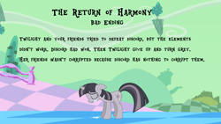 Size: 1920x1080 | Tagged: safe, artist:wardex101, twilight sparkle, pony, unicorn, g4, the return of harmony, bad end, chaos, crying, discorded, discorded landscape, discorded twilight, female, floating island, floppy ears, green sky, horn, mare, outdoors, scenery, solo, text, twilight tragedy, unicorn twilight, wings