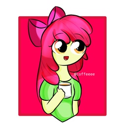 Size: 1280x1280 | Tagged: safe, artist:adelia122425471, apple bloom, human, equestria girls, g4, abstract background, coffee, cup, female, no nose, solo