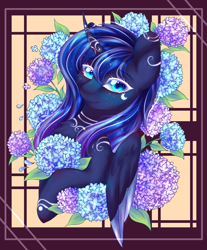 Size: 2900x3500 | Tagged: safe, artist:rainbowmoon2512, princess luna, alicorn, pony, g4, beautiful, blue eyes, blue mane, bust, chest fluff, collaboration, digital art, ethereal mane, eyelashes, female, flower, folded wings, high res, horn, looking at you, mare, smiling, smiling at you, solo, sparkles, starry mane, stars, wings