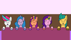 Size: 1920x1080 | Tagged: safe, artist:platinumdrop, hitch trailblazer, izzy moonbow, pipp petals, sunny starscout, zipp storm, earth pony, pegasus, pony, unicorn, g5, bed, blanket, eyes closed, female, group, lying down, male, mane five, mare, on back, open mouth, quintet, sleeping, sleeping together, sleepover, smiling, stallion