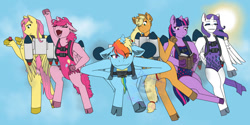 Size: 1280x640 | Tagged: safe, artist:decemberwinterwolf, applejack, fluttershy, pinkie pie, rainbow dash, rarity, twilight sparkle, alicorn, anthro, g4, alicorn six, alicornified, applecorn, clothes, eyes closed, fluttercorn, flying, hoof hands, hooves, jetpack, leotard, mane six, open mouth, pinkiecorn, race swap, rainbowcorn, raricorn, sky, sky background, smiling, smirk, twilight sparkle (alicorn), xk-class end-of-the-world scenario