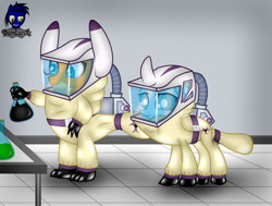 Size: 5500x4154 | Tagged: safe, artist:damlanil, ocellus, smolder, changedling, changeling, dragon, g4, clothes, commission, cute, damlanil's lab, dragon wings, dragoness, duo, female, flask, gloves, hazmat suit, helmet, laboratory, latex, latex gloves, latex suit, rubber, shiny, shoes, show accurate, suit, vector, wings