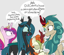 Size: 3000x2571 | Tagged: safe, artist:icey, autumn blaze, princess cadance, queen chrysalis, rain shine, alicorn, changeling, changeling queen, kirin, pony, bowing, dialogue, eyebrows visible through hair, eyes closed, eyeshadow, female, frown, gray background, group, head tilt, high res, makeup, mare, quartet, raised hoof, signature, simple background, speech bubble, unamused