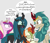 Size: 3000x2571 | Tagged: safe, artist:icey, autumn blaze, princess cadance, queen chrysalis, rain shine, alicorn, changeling, changeling queen, kirin, pony, g4, bowing, dialogue, eyebrows visible through hair, eyes closed, eyeshadow, female, frown, gray background, group, head tilt, high res, implied princess celestia, makeup, mare, quartet, raised hoof, signature, simple background, speech bubble, unamused