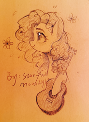 Size: 882x1200 | Tagged: safe, artist:starfallmoonlight, pear butter, earth pony, pony, g4, female, flower, guitar, mare, musical instrument, simple background, smiling, solo