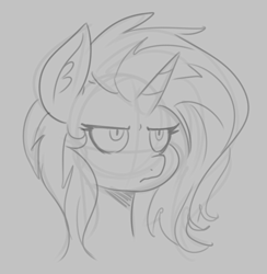 Size: 675x692 | Tagged: safe, artist:reiduran, pony, unicorn, bust, female, gray background, grayscale, horn, mare, monochrome, portrait, simple background, solo, unamused