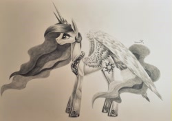 Size: 3563x2508 | Tagged: safe, artist:cahandariella, princess celestia, alicorn, pony, g4, concave belly, crown, high res, horn, jewelry, monochrome, pencil drawing, regalia, slender, solo, sternocleidomastoid, thin, traditional art, wings