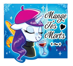 Size: 704x636 | Tagged: safe, artist:yulyeen, rarity, pony, unicorn, g4, alcohol, baguette, beatnik rarity, beret, bread, clothes, croissant, fancy, food, french, glass, glowing, glowing horn, hat, heart, horn, magic, solo, sweater, telekinesis, translated in the comments, wine, wine glass