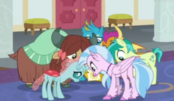 Size: 790x458 | Tagged: safe, edit, edited screencap, screencap, gallus, ocellus, sandbar, silverstream, smolder, yona, changeling, classical hippogriff, dragon, earth pony, griffon, hippogriff, pony, yak, friendship university, g4, butt, cropped, looking down, plot, student six