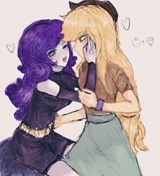 Size: 1860x2044 | Tagged: safe, artist:0704jiushuang, applejack, rarity, human, equestria girls, g4, applejack's hat, clothes, cowboy hat, duo, duo female, female, hat, heart, lesbian, looking at each other, looking at someone, one eye closed, open mouth, profile, ship:rarijack, shipping