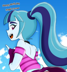 Size: 1580x1695 | Tagged: source needed, safe, artist:smoker, sonata dusk, human, equestria girls, g4, clothes, evening gloves, female, fingerless elbow gloves, fingerless gloves, gloves, happy birthday, long gloves, open mouth, sidemouth, sky background, solo