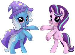 Size: 1024x752 | Tagged: safe, artist:mimijuliane, starlight glimmer, trixie, pony, unicorn, g4, bipedal, blushing, brooch, cape, clothes, cute, diatrixes, duo, duo female, eye clipping through hair, female, glimmerbetes, hat, horn, jewelry, looking at you, mare, open mouth, open smile, signature, simple background, smiling, smiling at you, transparent background, trixie's brooch, trixie's cape, trixie's hat