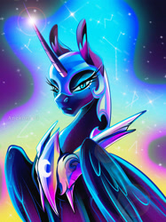 Size: 2048x2732 | Tagged: safe, artist:anekomori, nightmare moon, alicorn, pony, beautiful, blue eyes, blue mane, colored pupils, constellation, digital art, ear fluff, ethereal mane, eyelashes, feather, female, flowing mane, folded wings, glowing, helmet, high res, horn, long horn, looking at you, magic, majestic, mare, night, peytral, signature, solo, sparkles, starry mane, stars, vaporwave, wings