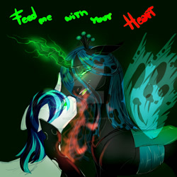 Size: 1280x1280 | Tagged: safe, artist:damascaseliads, queen chrysalis, shining armor, changeling, changeling queen, pony, unicorn, g4, black background, changeling feeding, clothes, crown, curved horn, deviantart watermark, digital art, eyelashes, female, glowing, glowing eyes, glowing horn, green eyes, green mane, horn, hypnosis, hypnotized, jewelry, looking at each other, looking at someone, magic, male, obtrusive watermark, open mouth, regalia, see-through, simple background, smiling, smiling at each other, stallion, teeth, watermark, wings