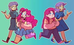 Size: 1280x784 | Tagged: safe, artist:stevetwisp, boulder (g4), maud pie, pinkie pie, human, g4, alternate hairstyle, boots, chubby, clothes, cute, diapinkes, dress, female, freckles, humanized, jewelry, maudabetes, maudie pie, mismatched socks, necklace, personality swap, pet rock, pinkamena diane pie, shoes, siblings, sisters, skirt, smiling, sneakers, socks, straight hair, tooth gap, when she doesn't smile, when she smiles