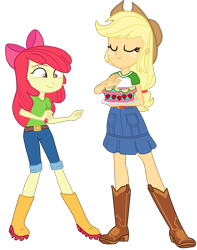 Size: 2519x3190 | Tagged: safe, artist:gmaplay, apple bloom, applejack, human, equestria girls, g4, apple bloom's bow, apple cider, applejack's hat, boots, bow, cake, clothes, cowboy boots, cowboy hat, denim, duo, duo female, female, food, hair bow, hat, high res, jeans, pants, shoes, simple background, skirt, transparent background