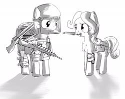 Size: 2316x1829 | Tagged: safe, artist:uteuk, shady, oc, oc:natrix capefiv, earth pony, pony, armor, backpack, black and white, duo, grayscale, gun, helmet, knife, looking at each other, looking at someone, monochrome, mouth hold, rifle, simple background, weapon, white background
