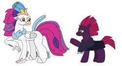 Size: 3264x1794 | Tagged: safe, artist:supahdonarudo, queen novo, tempest shadow, classical hippogriff, hippogriff, pony, unicorn, g4, my little pony: the movie, atg 2022, broken horn, clothes, horn, newbie artist training grounds, raised hoof, scared, scarf, simple background, transparent background, worried