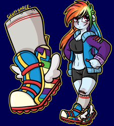 Size: 1447x1599 | Tagged: safe, artist:sexygoatgod, rainbow dash, human, equestria girls, g4, breasts, busty rainbow dash, clothes, compression shorts, female, humanized, jacket, kneesocks, open clothes, open jacket, shoes, sneakers, socks, solo, sports bra, varsity jacket, workout outfit