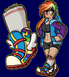 Size: 1447x1599 | Tagged: safe, alternate version, artist:sexygoatgod, rainbow dash, human, g4, breasts, busty rainbow dash, clothes, compression shorts, female, human coloration, humanized, jacket, kneesocks, open clothes, open jacket, shoes, sneakers, socks, solo, sports bra, tan lines, varsity jacket, workout outfit