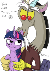Size: 849x1200 | Tagged: safe, artist:darkdabula, discord, twilight sparkle, draconequus, pony, g4, 2022, atg 2022, duo, duo male and female, eyebrows, female, frown, looking at each other, looking at someone, male, mare, newbie artist training grounds, open mouth, open smile, simple background, smiling, story included, talking, twilight sparkle is not amused, unamused, white background