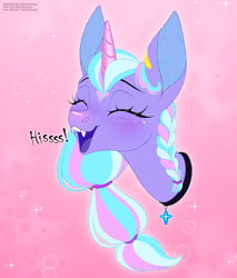 Size: 3400x4000 | Tagged: safe, artist:moonhoek, oc, oc only, oc:violet nightshade, bat pony, bat pony unicorn, hybrid, pony, unicorn, artfight, braid, bust, collar, colored, cute, digital art, eyes closed, fangs, flat colors, hissing, horn, open mouth, open smile, pastel, portrait, simple background, sketch, smiling, solo