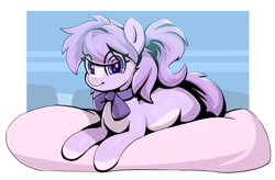 Size: 1831x1200 | Tagged: safe, artist:ahobobo, oc, oc only, oc:mio (higglytownhero), earth pony, pony, bow, female, looking at you, lying down, mare, pillow, ponytail, prone, smiling, solo, white belly