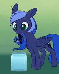 Size: 1778x2247 | Tagged: safe, artist:dusthiel, nightmare moon, princess luna, alicorn, pony, g4, atg 2022, cute, duo, duo female, female, gradient background, i don't like where this is going, jar, lunabetes, micro, mouth hold, newbie artist training grounds, self paradox, self ponidox, size difference, tiny, tiny ponies
