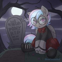 Size: 2048x2048 | Tagged: safe, artist:bluecocoaart, pegasus, pony, commission, glasses, goth, grave, gravestone, graveyard, high res, moonlight, solo, ych result