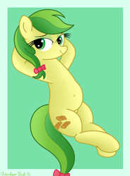 Size: 2974x4032 | Tagged: safe, artist:rainbowšpekgs, apple fritter, earth pony, pony, g4, apple family member, bedroom eyes, belly, belly button, bow, chubby, cute, female, high res, hooves, hooves behind head, looking at you, mare, pubic mound, sexy, signature, simple background, smiling, solo, stretching